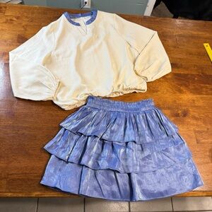 Pleat. Cream blue purple blouse Luna skirt ruffled milly top size 16